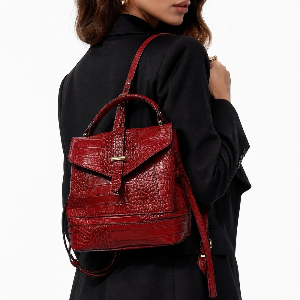 Divina Firenze Croc Embossed Leather Trilli Convertible Flap Satchel Backpack